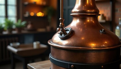 Traditional copper still with wooden lid and steam vent , antique, alcohol