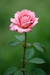 Fototapeta premium A Single Delicate Pink Rose Blossom on a Green Background, Gracefully Displaying Its Petals and Dewdrops