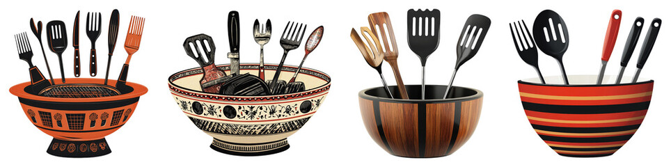Colorful Bowls with Kitchen Utensils for Cooking and Baking