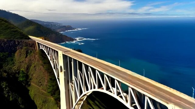 Bixby creek bridge along highway one in california coastline aerial view