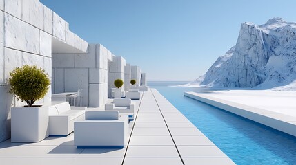 Modern Minimalist White Architecture by Infinity Pool with Mountain View