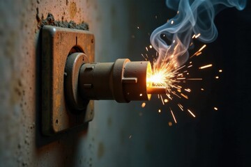 Close-up view of electrical sparks emanating from a weathered metallic receptacle, smoke billowing, depicting a hazardous electrical malfunction