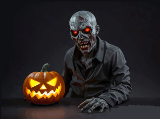 illustration of Halloween-Themed Fire Zombies with Spooky Pumpkins