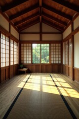 Traditional Japanese style dojo with wooden floors and tatami mats, wooden floors, natural light