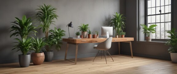Fototapeta premium Sleek wooden desk, vibrant potted plants, bright modern office space , entrepreneur, business