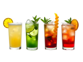 Four colorful cocktails in tall glasses with ice and fruit garnishes on a black background isolated