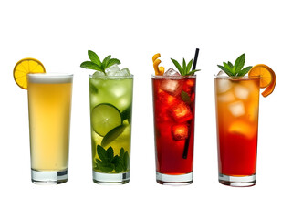 Four colorful cocktails in tall glasses with ice and fruit garnishes on a black background isolated