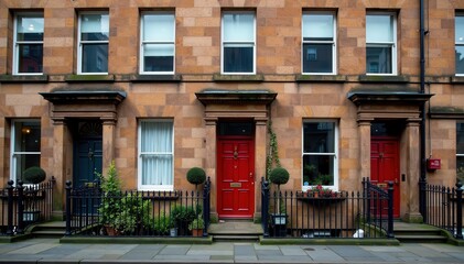 Naklejka premium Traditional terraced houses in Glasgow with stone fa?ade and ornate doorways, classic style, historic homes