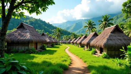 Traditional Sumba village with thatched huts and lush greenery, village, rural scene