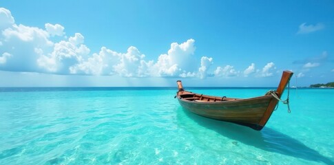 Naklejka premium Tranquil boat anchored in crystal-clear waters, tropical waters, anchor