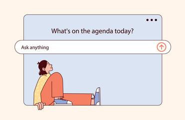 AI chat window with Search Bar. Ask Anything input field. Female character sitting relaxed. Concept of using Artificial Intelligence for question, agenda, planning, help. Flat vector illustration
