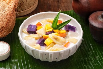 Kolak is a native Indonesian food made from bananas or sweet potatoes boiled with coconut milk and palm sugar.