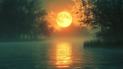 Fototapeta premium Orange Sunset Over Calm River with Full Moon and Fog