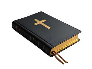 Close up of a black bible with a gold cross on the cover and gold edged pages on a black background
