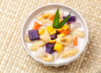 Kolak is a native Indonesian food made from bananas or sweet potatoes boiled with coconut milk and palm sugar.