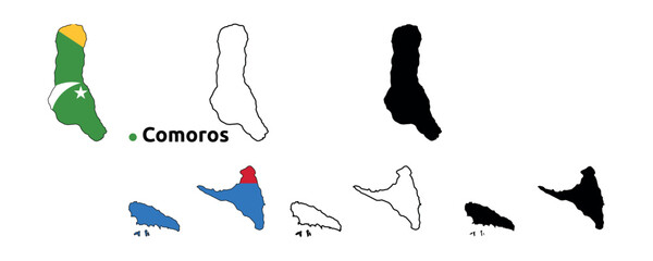 Comoros Map Vector - Country Outline, Flag Inside Map, Blank and Silhouette Version
