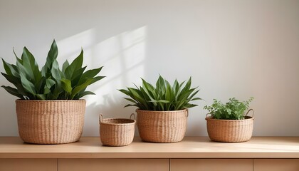 Fototapeta premium Four potted plants in woven baskets adorn a wooden shelf against a bright, white wall.