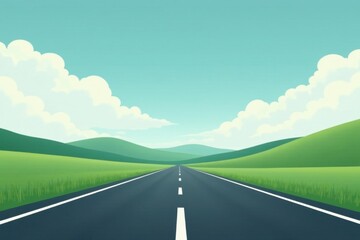 Asphalt Road Leading Through Rolling Green Hills Under a Bright Summer Sky