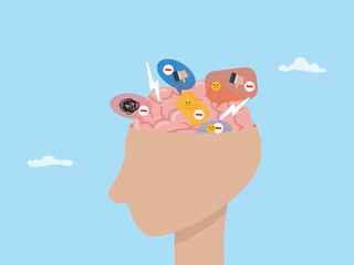 Human head with negative thinking illustration flat design vector. Clipart in concept Mental health problem poor mindset, bad attitude, toxic comment, social depression, anxiety and harmful mind.