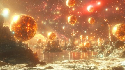 Obraz premium golden cityscape among celestial bodies