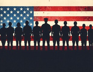 U.S. Soldiers Silhouettes Standing Before American Flag