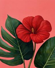 Obraz premium Vibrant red hibiscus flower surrounded by lush green leaves against a soft pink background, perfect for floral-themed designs.