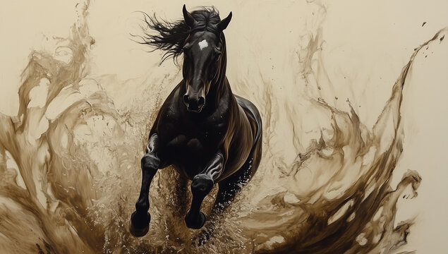 Black horse running through mud in dynamic motion