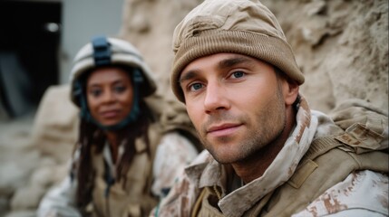 Fototapeta premium Close-up of a military soldier and a female soldier in desert camouflage uniforms resting outdoors