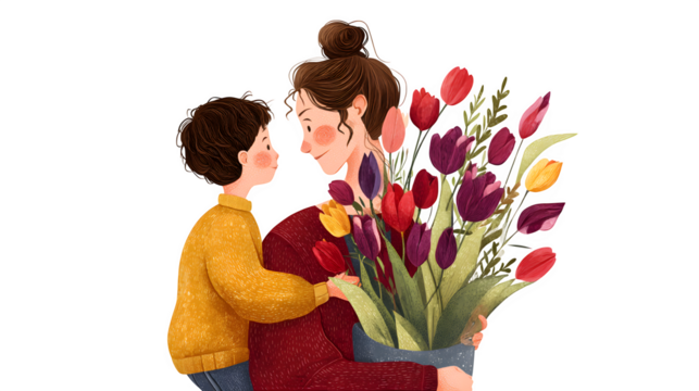 Mother holding a bouquet of tulips while her child admires them, detailed floral textures, expressions of love, isolated on white background - Powered by Adobe