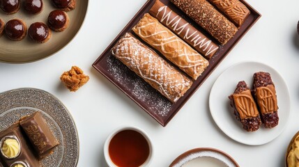 White backdrop showcasing an Eid card and dessert set.