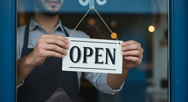 Store owner hangs open sign on the door to welcome customers during morning hours in a busy neighborhood