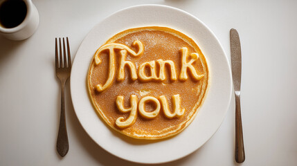 Breakfast gratitude beautifully arranged pancake adorned with the heartfelt words "Thank you", elegantly presented alongside a fork and knife, a charming start to the day.