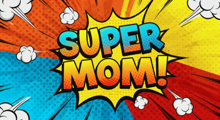 Dynamic pop art style image with the words "Super Mom" bursting from a starburst.
