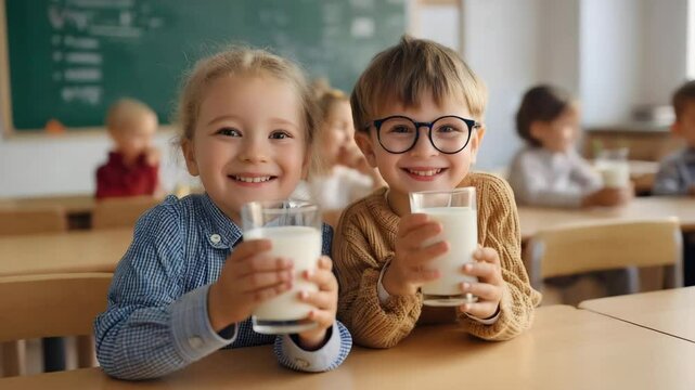 a group of school children drinking milk together in a school classroom