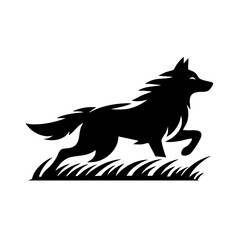 Majestic Wolf Running in Grass: Black Silhouette Vector Graphic