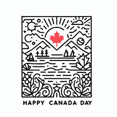 Happy Canada Day Poster with Mountains and Nature Elements  