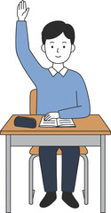 Student Raising Hand Illustration, Boy Asking a Question in Class