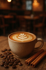 Delicious latte art coffee cup with cinnamon sticks and coffee beans on wooden table background image