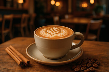 Delicious latte art coffee cup on wooden table with cinnamon sticks and coffee beans for cafe shop
