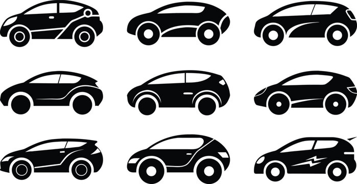 Futuristic compact car silhouette vector set. Modern hatchback side view vehicle icons. Minimal black city car outline for electric, urban transport design. Flat  auto illustrations for web, graphics.