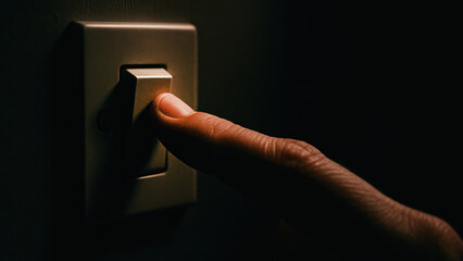 Finger presses light switch in dark room symbolizing eviction of darkness and notice of debt in uncertain times