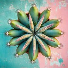 Macro close up of cactus rosette. Cactus top view on pastel pink background. Flat lay