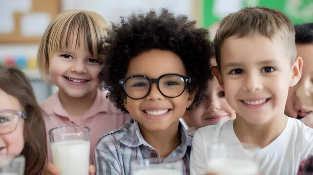 a group of school children drinking milk together in a school classroom