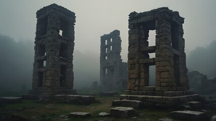 A forgotten ancient city, where a single monolithic tower rises endlessly into the clouds, its stone surface etched with glyphs from an unknown language.