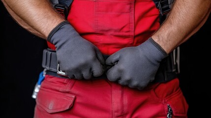 Worker adjusting work pants.  Close-up of worker's hands in black gloves fastening a red work belt