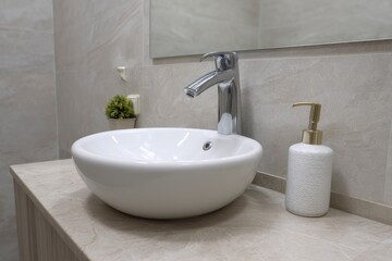 Fototapeta premium Modern Bathroom Sink: Minimalist White Vessel Sink with Chrome Faucet