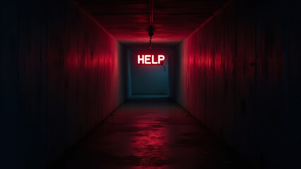 Illuminated "HELP" Sign at End of Dark Corridor