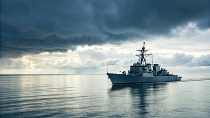 Obraz premium Warship sailing calm waters under dramatic storm clouds at sea