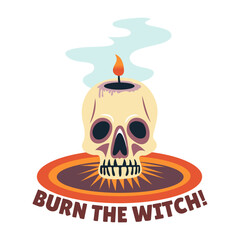 A flat style sticker showing a burning skull candle