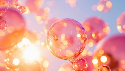Floating pink bubbles against sunlit sky